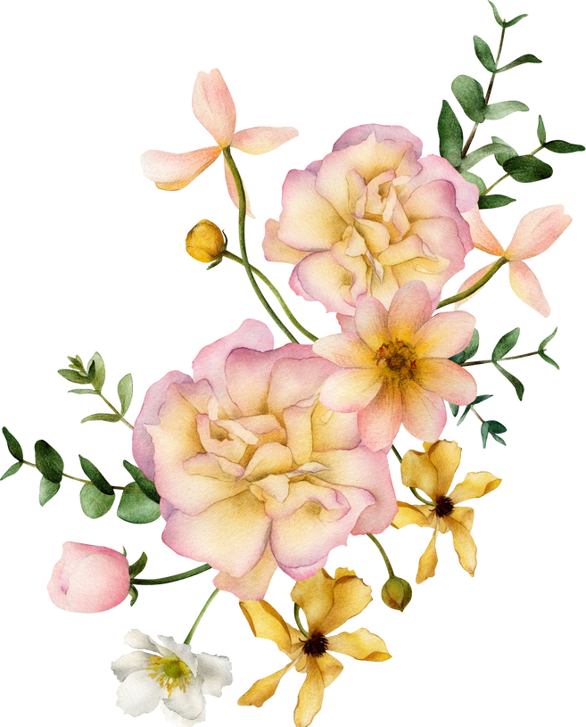 Watercolor pink yellow flower arrangement. Roses, eucalyptus